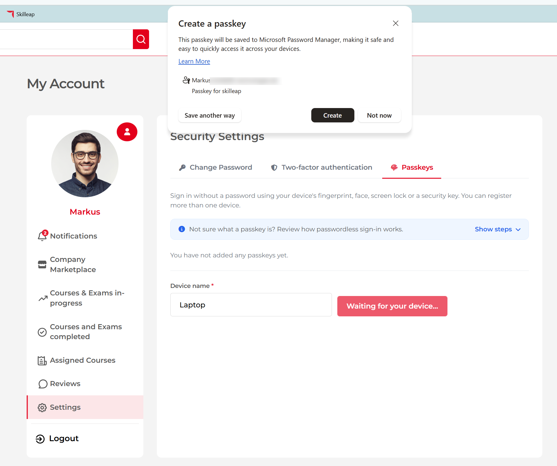 Create a passkey window to save in your device password manager