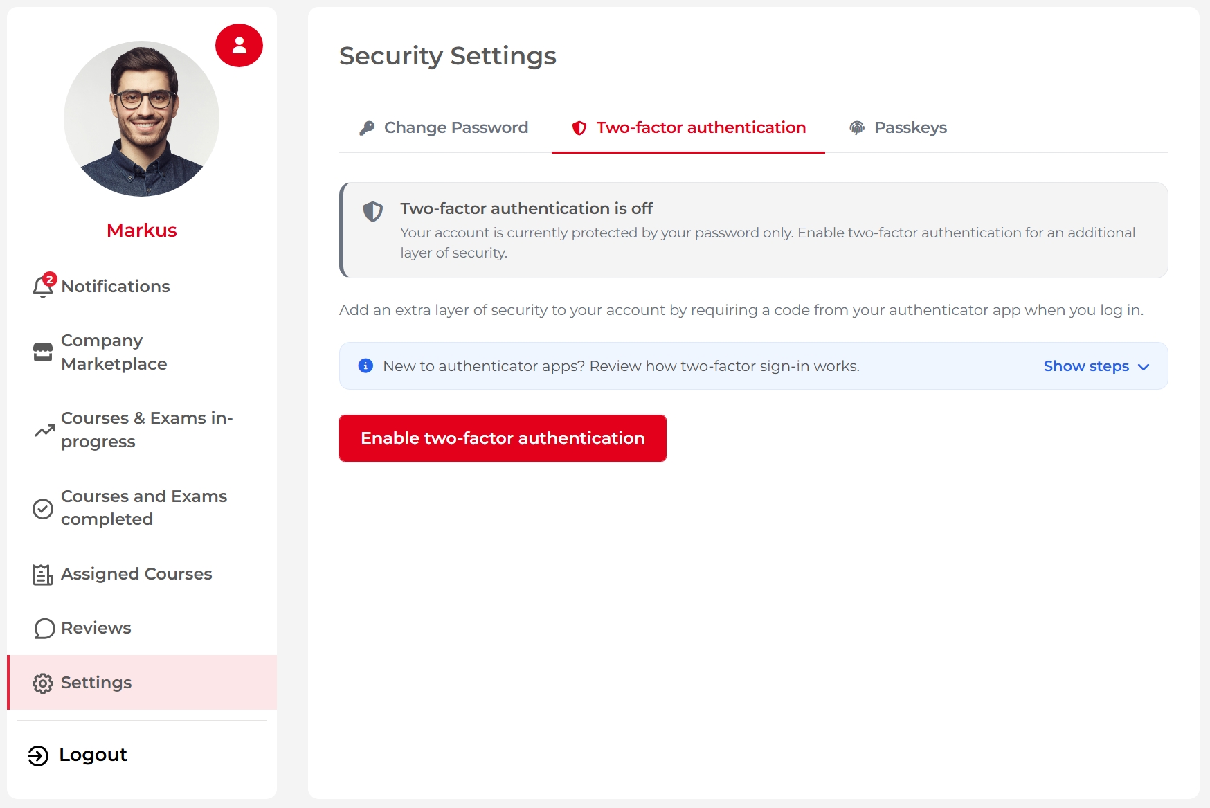 Two-factor authentication settings window