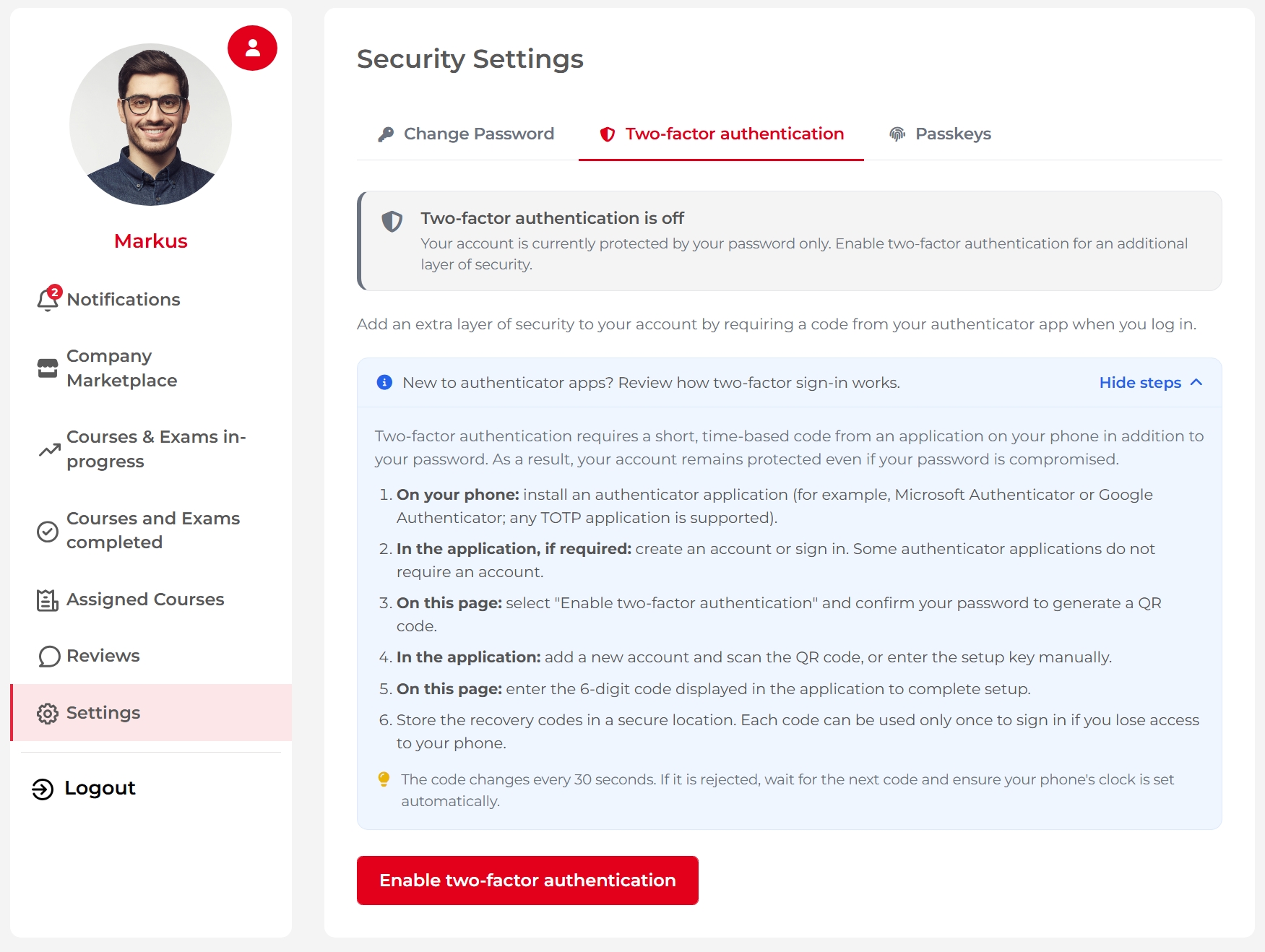Two-factor authentication window with the steps accordion open for reading.
