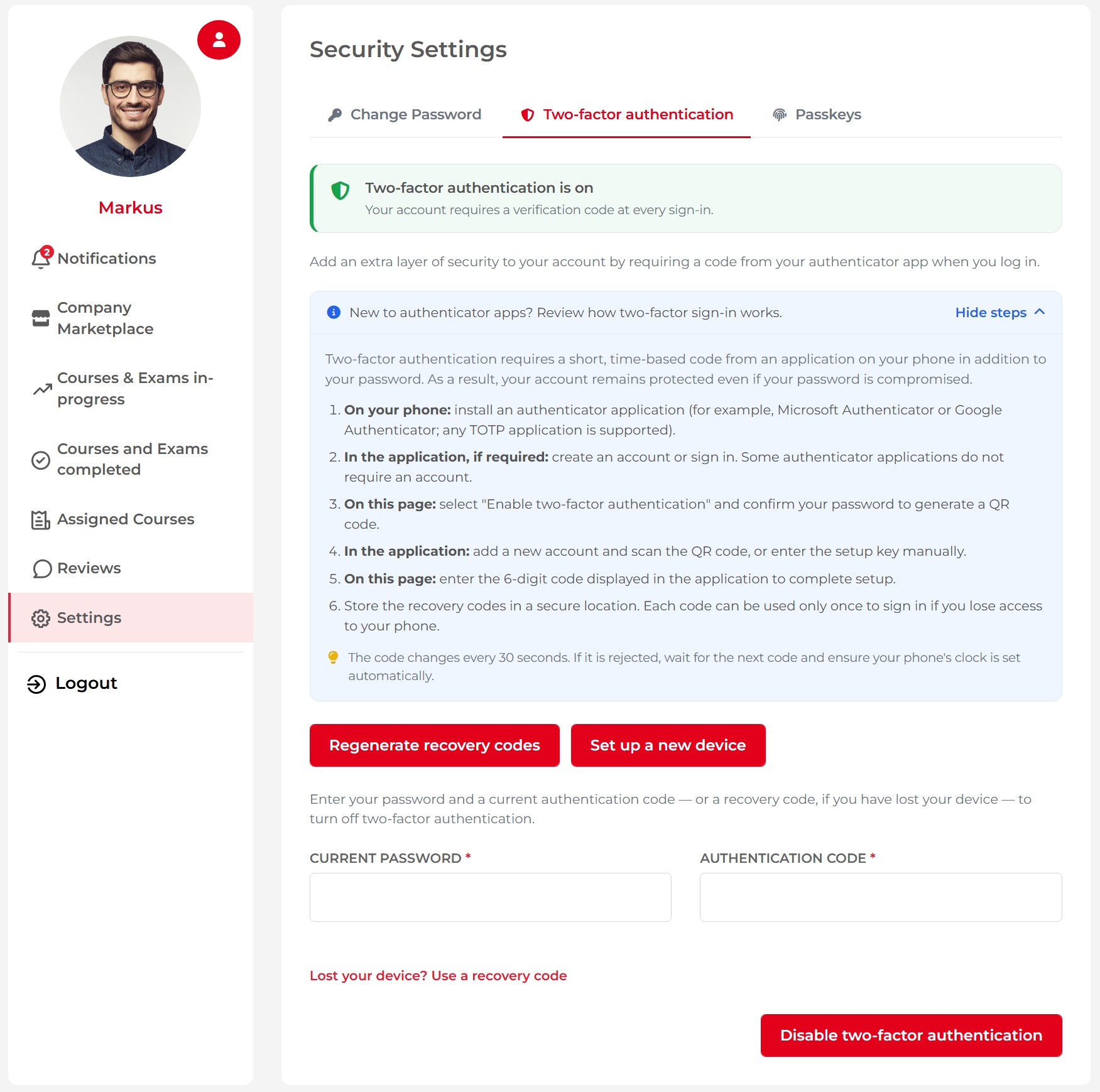 Two-factor set up is complete. It is on now.