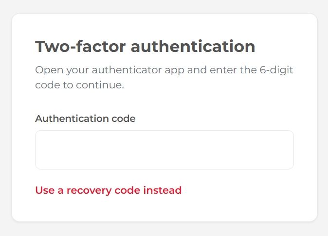 The two factor authentication window asking for the authentication code.