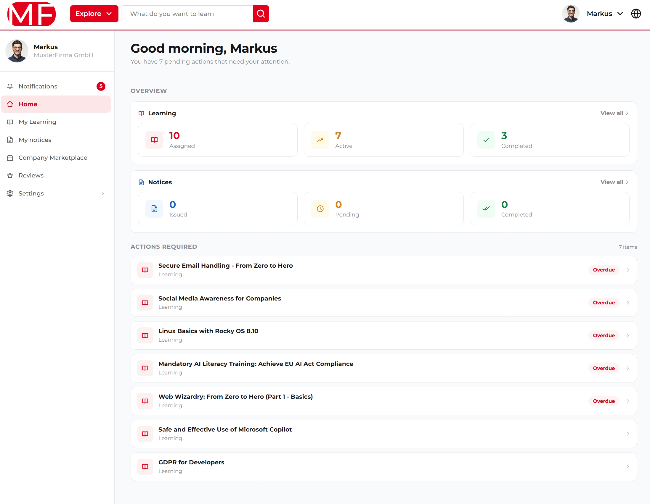 Skilleap employee home page with overview and actions required