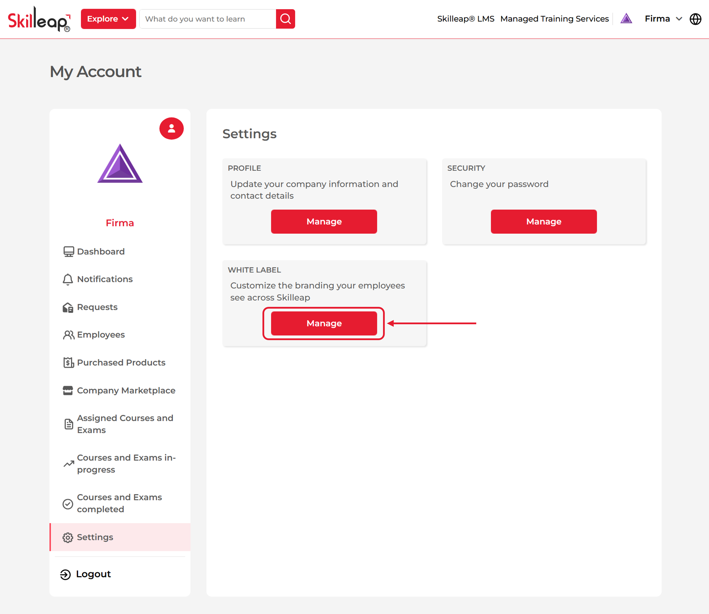 Click on Manage LMS WhiteLabel Feature