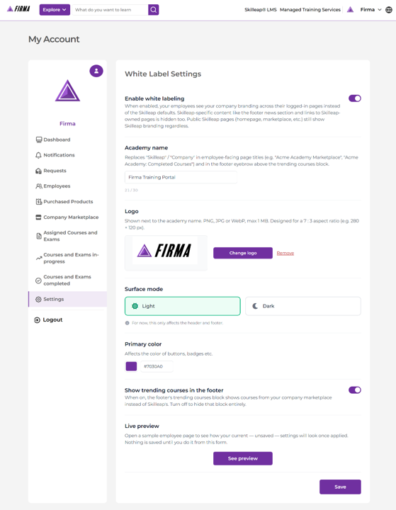 Saved and applied brand settings